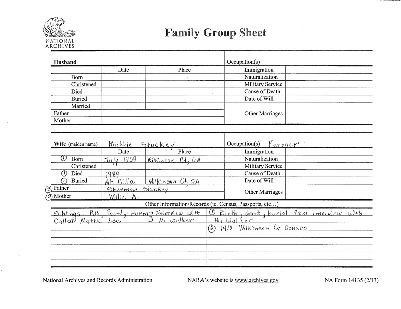 Group Sheet for Mattie Stuckey